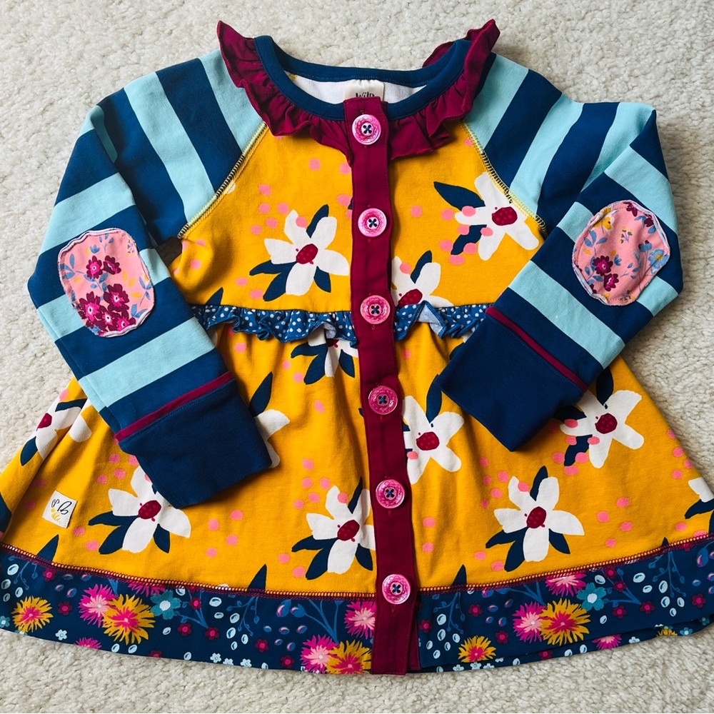Wildflowers button down yellow,blue floral top with pink elbow patches